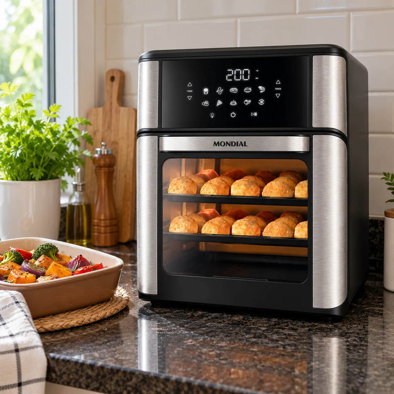 Forno air fryer Mondial inox e preto, de porta de vidro, na bancada de uma cozinha de família, ao lado de uma travessa de legumes assados