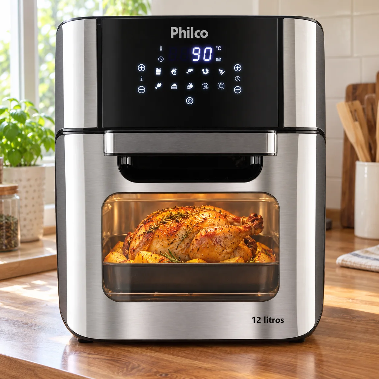 Forno air fryer Philco inox e preto, de porta de vidro, em cima de uma bancada de madeira, com uma assadeira de frango dentro