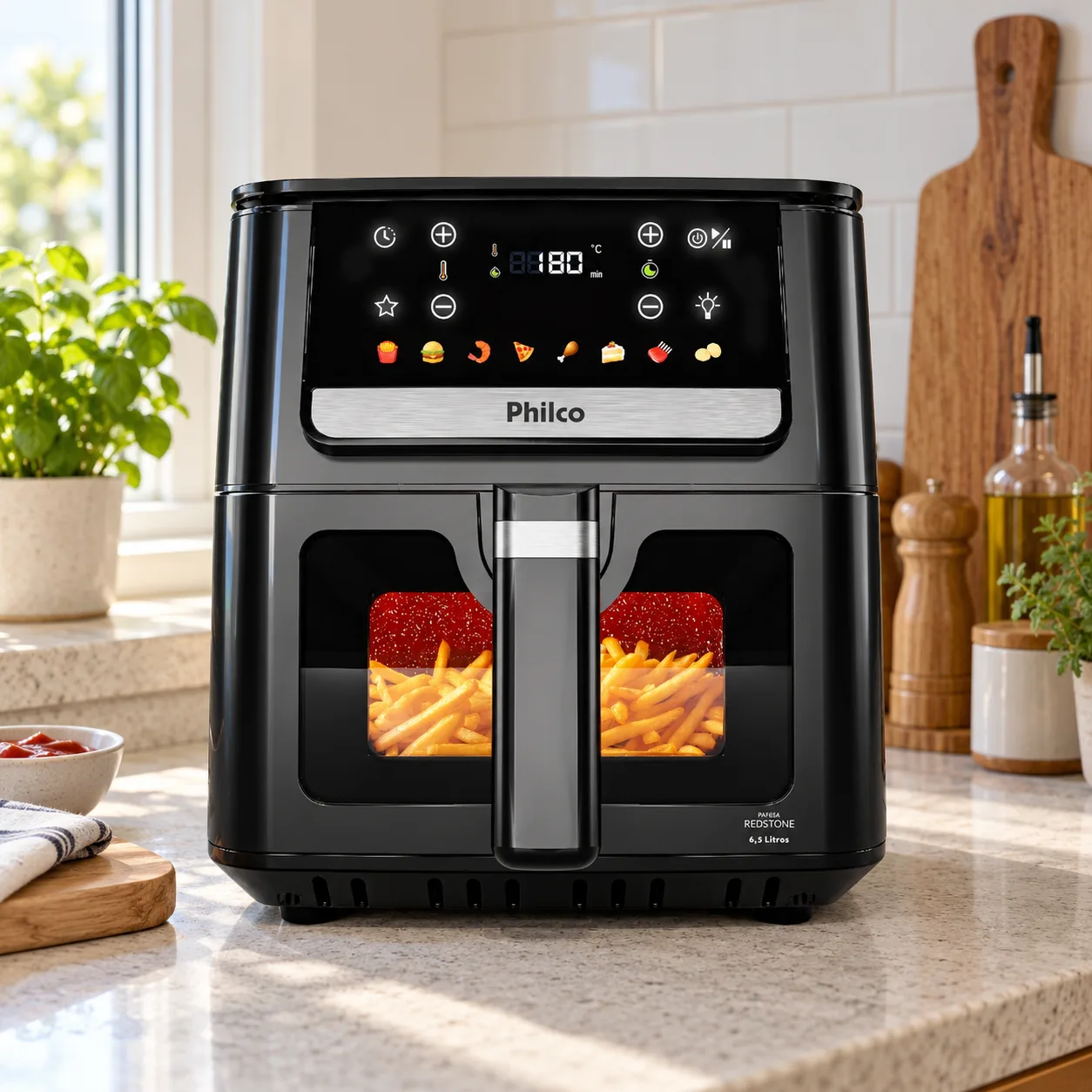 Air fryer Philco preta e quadrada, com painel digital e visor de vidro na gaveta, na bancada de uma cozinha clara, com batatas fritas aparecendo pelo visor