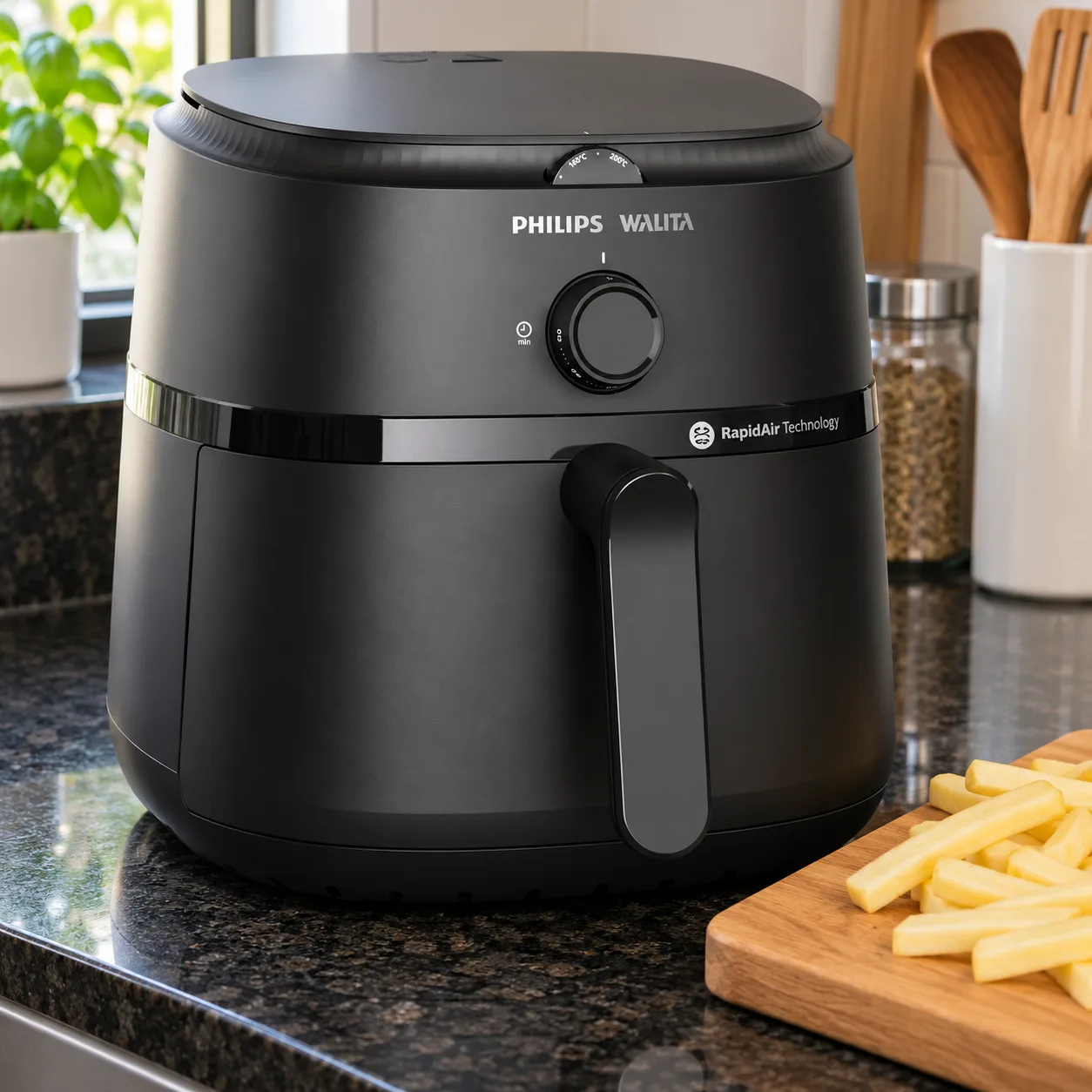 Air fryer Philips Walita preta de botão único na bancada de granito escuro, ao lado de uma tábua de madeira com batatas cortadas