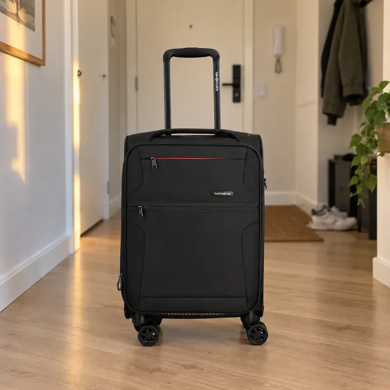 Mala Samsonite Bahia Lite preta, de tecido, com dois bolsos na frente, no corredor de entrada de um apartamento