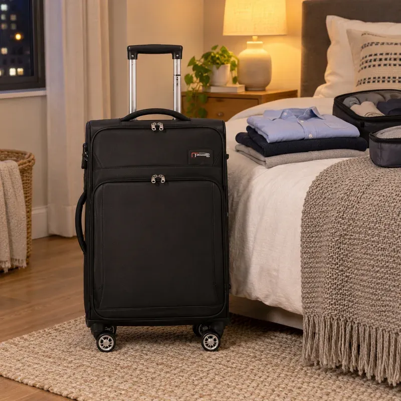 Mala Travelux Davos preta, de tecido, com bolso frontal, ao lado de uma cama com camisas dobradas