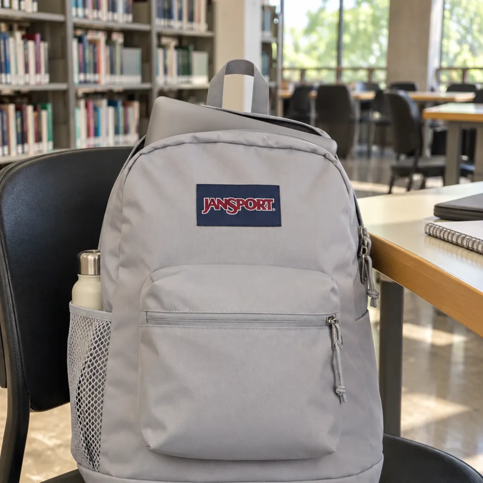 Mochila Cross Town Plus cinza clara na cadeira de uma biblioteca de faculdade, com o notebook saindo pelo zíper de cima e uma garrafa no bolso lateral