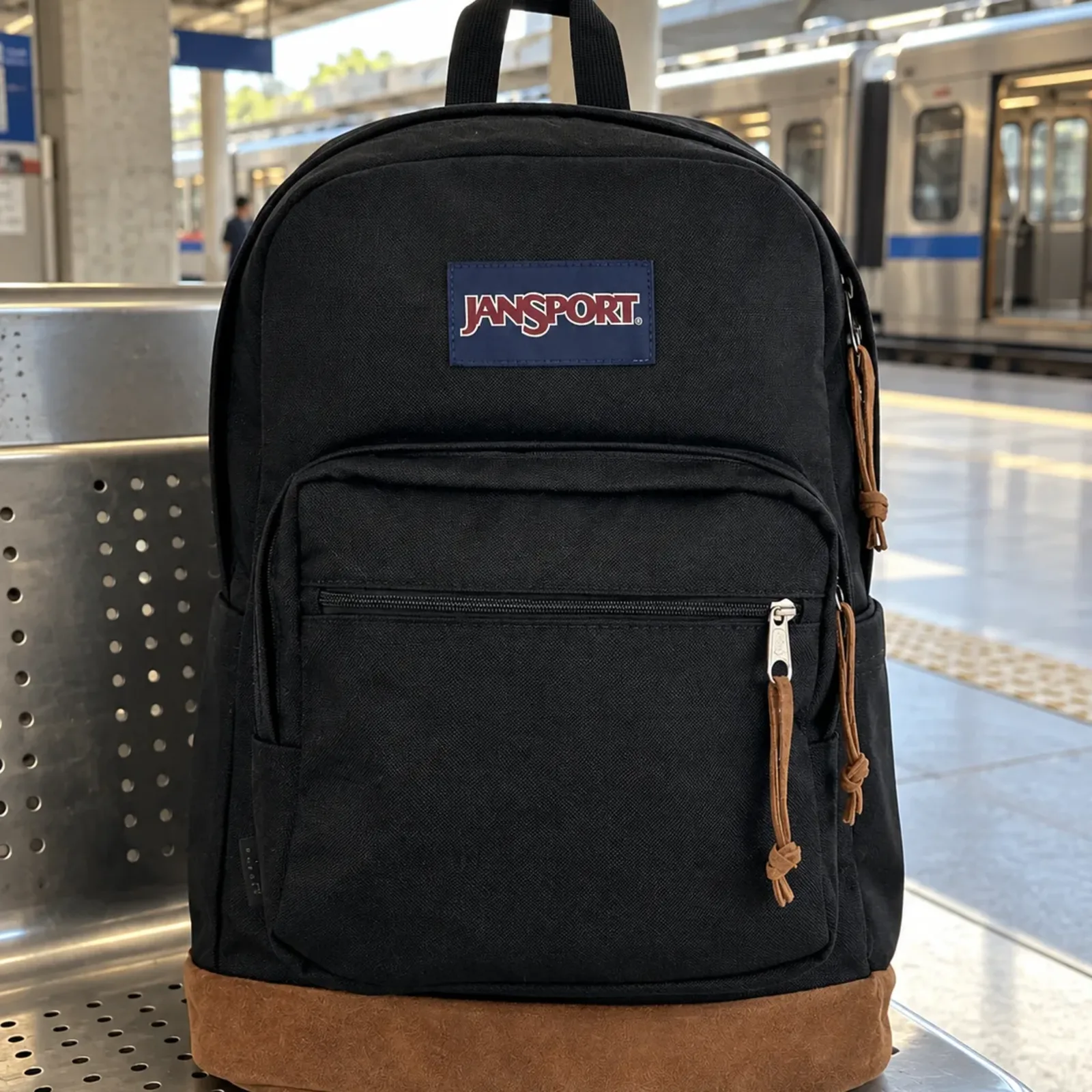 Mochila Right Pack preta com fundo de camurça marrom no banco de metal de uma estação de metrô, com o trem fora de foco