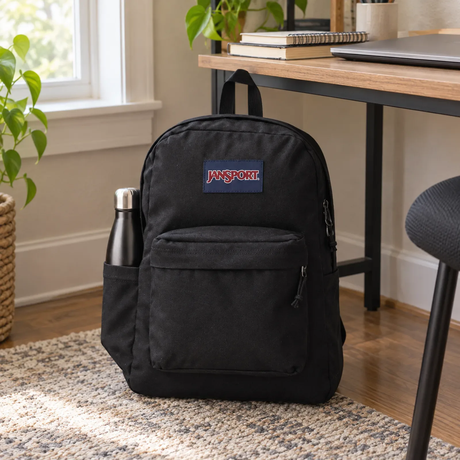 Mochila SuperBreak Plus preta em pé sobre um tapete claro, encostada na mesa de trabalho onde fica o notebook